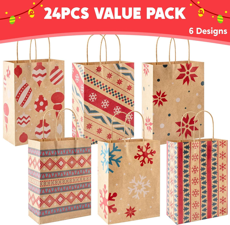 24 PCS Christmas Kraft Gift Bags Xmas Paper Goody Wrap Bags with Durable Handles and Non-Breaking Bottoms for Holidays