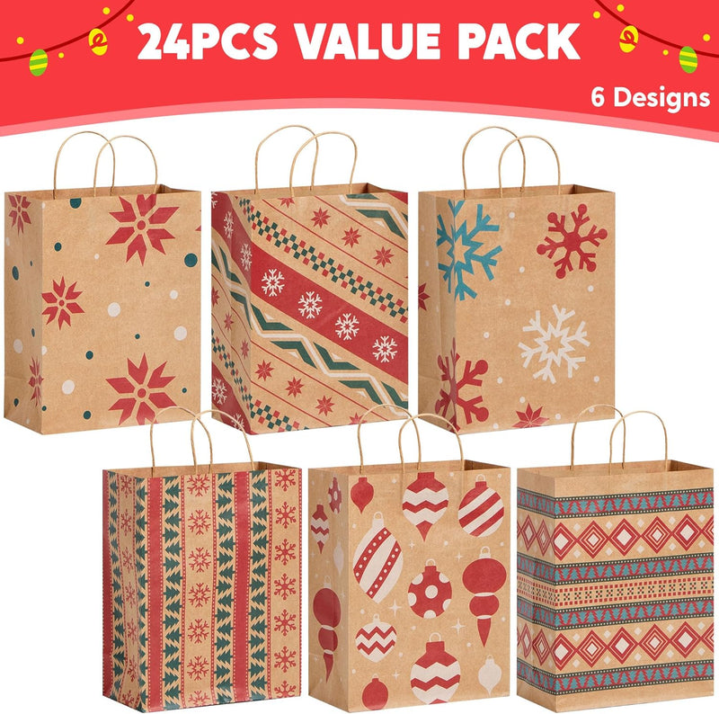 24 PCS Christmas Kraft Gift Bags Xmas Holiday Paper Goody Wrap Shopping Bags with Handles for Holiday Presents