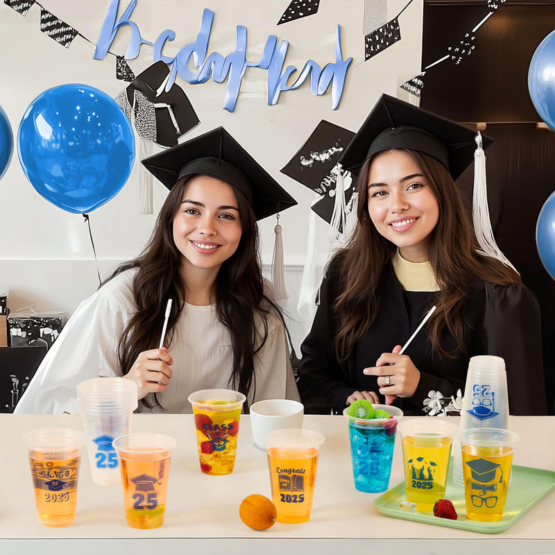 JOYIN 48 Pcs Blue Graduation Cups Party decorations, 16 Oz Disposable Plastic Cups Class of 2025 with 24 Fun Designs, Grad Decor Party Supplies for College & High School Celebrations
