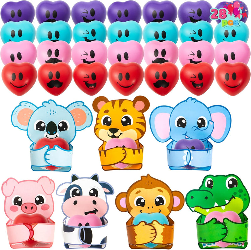 JOYIN 28 PCS Valentine Animal Cards with Heart Stress Ball