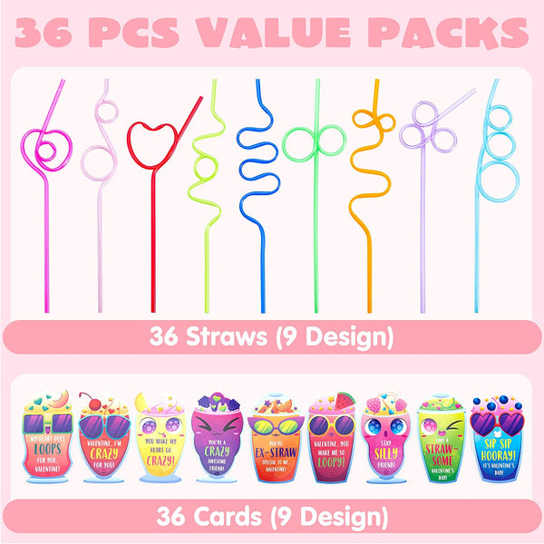 28pcs Drinking Straws Reusable with Kids Valentines Cards for Valentine Party Favors