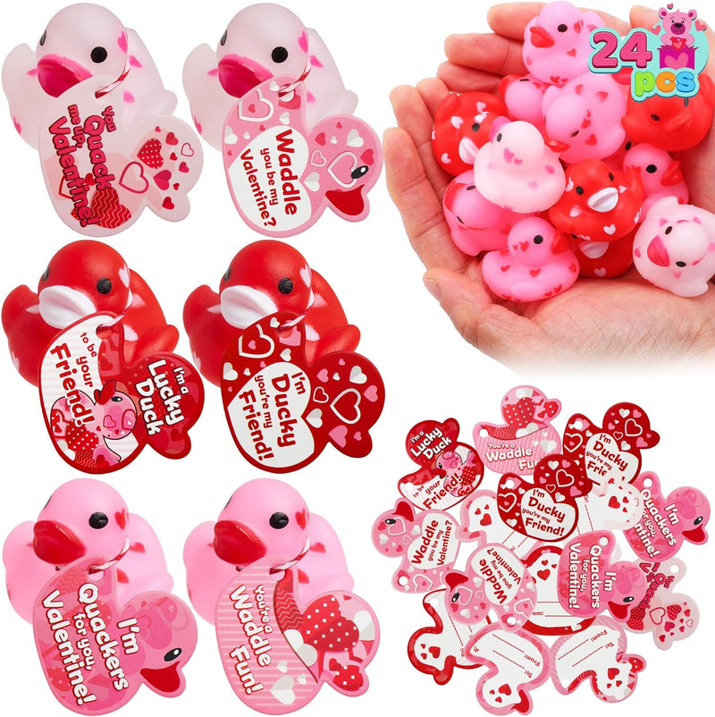 JOYIN 24 Pcs Valentine’s Day Mini Rubber Duck 1.2 Inches with Gift Cards