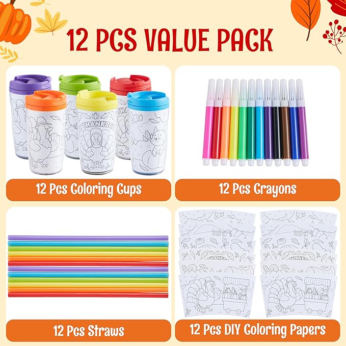 12 Pcs Thanksgiving Coloring Cup for Kids