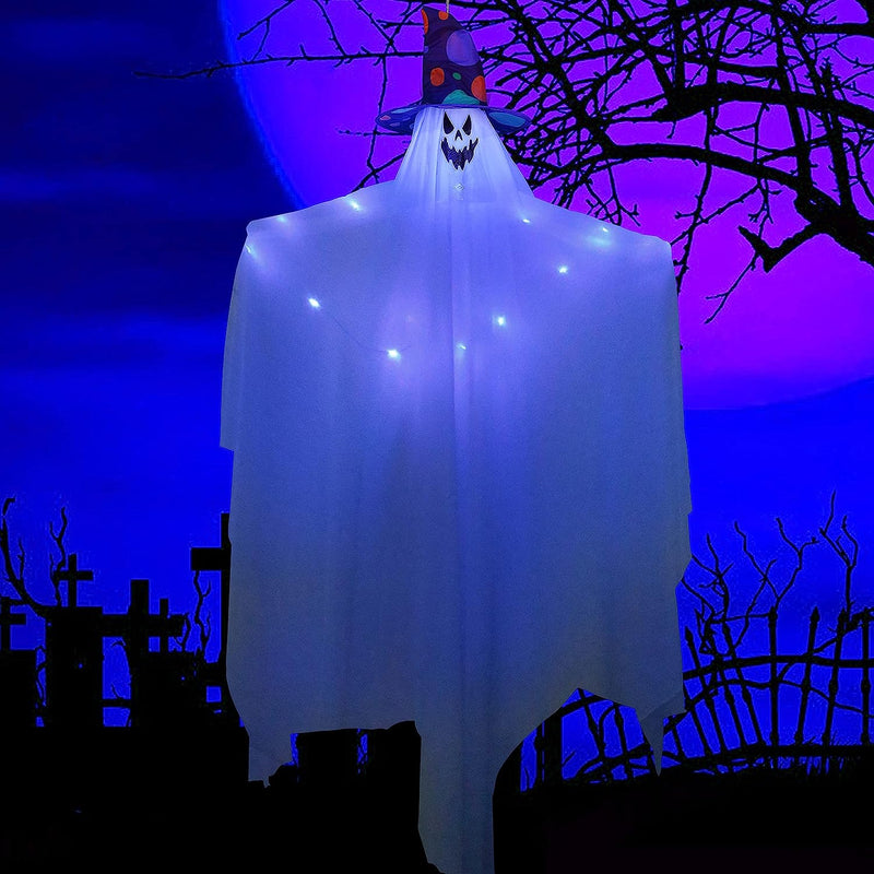 47in Light-up Hanging Ghost with Hat, Blue Lights