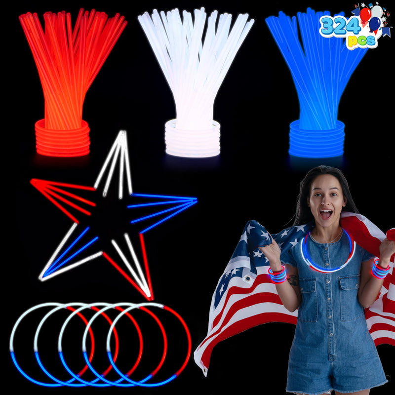 JOYIN 324 Pcs 4th of July Glow Sticks with Connectors, 8" Red White Blue Glow in the Dark Bracelets Necklaces for Kids Adults, Patriotic Light Up Toys for Independence Day Party Favor Accessory Supply