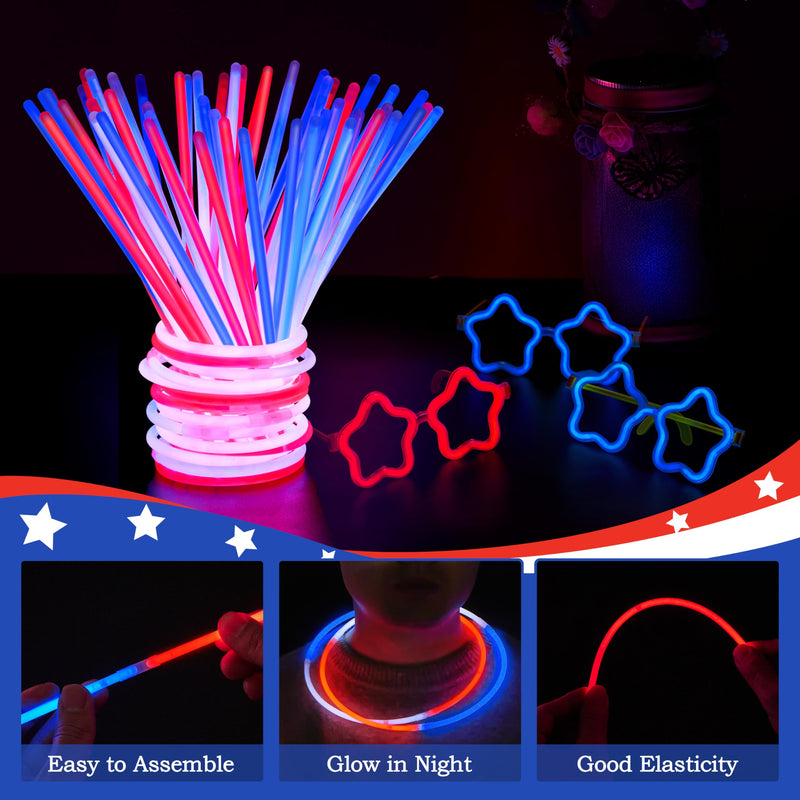 JOYIN 99 PCS July 4th Patriotic Glow Sticks Bracelets Necklaces Glasses, Glow in The Dark Party Supplies, Light Up Party Favors for Kids Adults, Blue White Red LED Accessories for Independence Day