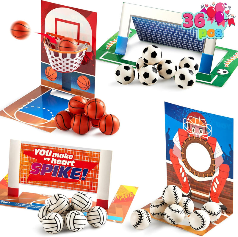 JOYIN 36 Pcs Valentine’s Day Sports Game Cards with Soccer Football Volleyball Basketball for Kids Valentine's Classroom Exchange Prizes