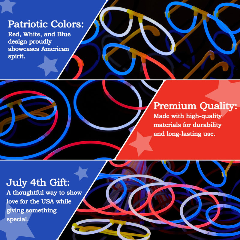 JOYIN 99 PCS July 4th Patriotic Glow Sticks Bracelets Necklaces Glasses, Glow in The Dark Party Supplies, Light Up Party Favors for Kids Adults, Blue White Red LED Accessories for Independence Day