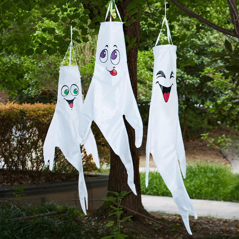 3 Lighted White Ghost Windsock Cute Colorful Face