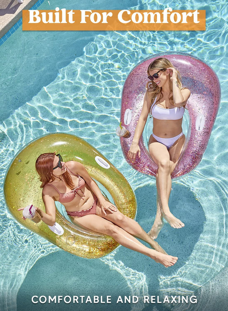 2Pcs Glittering Inflatable Pool Float, 51” x 41”, Yellow & Pink