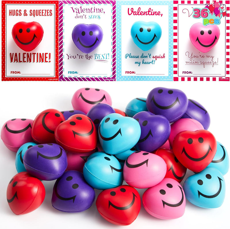 JOYIN 36 Packs Heart Shape Stress Ball with Cards Stress Relief Fidget Toy for Valentine Party Favors