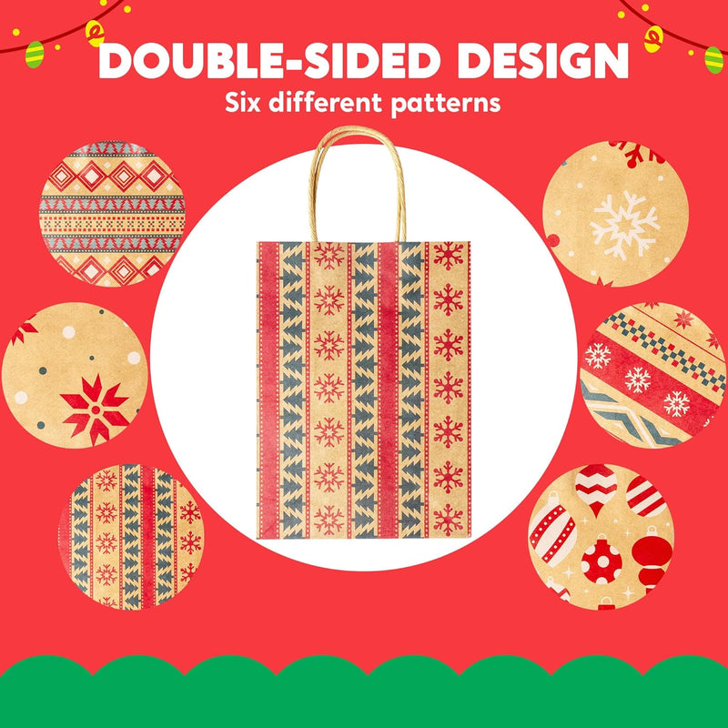 24 PCS Christmas Kraft Gift Bags Xmas Paper Goody Wrap Bags with Durable Handles and Non-Breaking Bottoms for Holidays