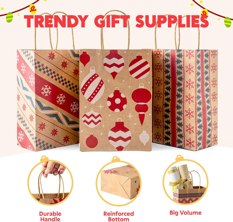 24 PCS Christmas Kraft Gift Bags Xmas Paper Goody Wrap Bags with Durable Handles and Non-Breaking Bottoms for Holidays