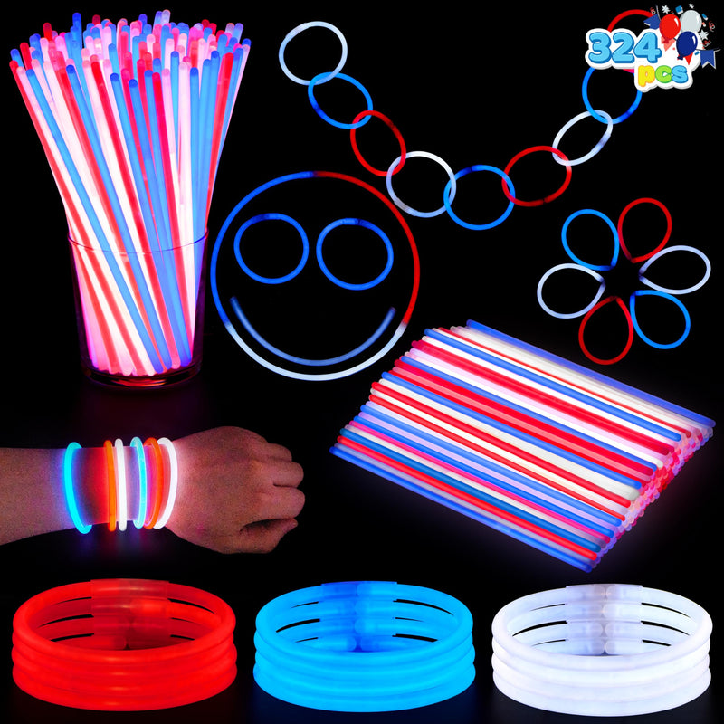 JOYIN 324 Pcs 4th of July Glow Sticks with Connectors, 8" Red White Blue Glow in the Dark Bracelets Necklaces for Kids Adults, Patriotic Light Up Toys for Independence Day Party Favor Accessory Supply