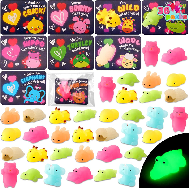 JOYIN 36 Packs Valentine’s Day 9-Design Gift Cards with Glow in Dark Mochi Squishy Toys