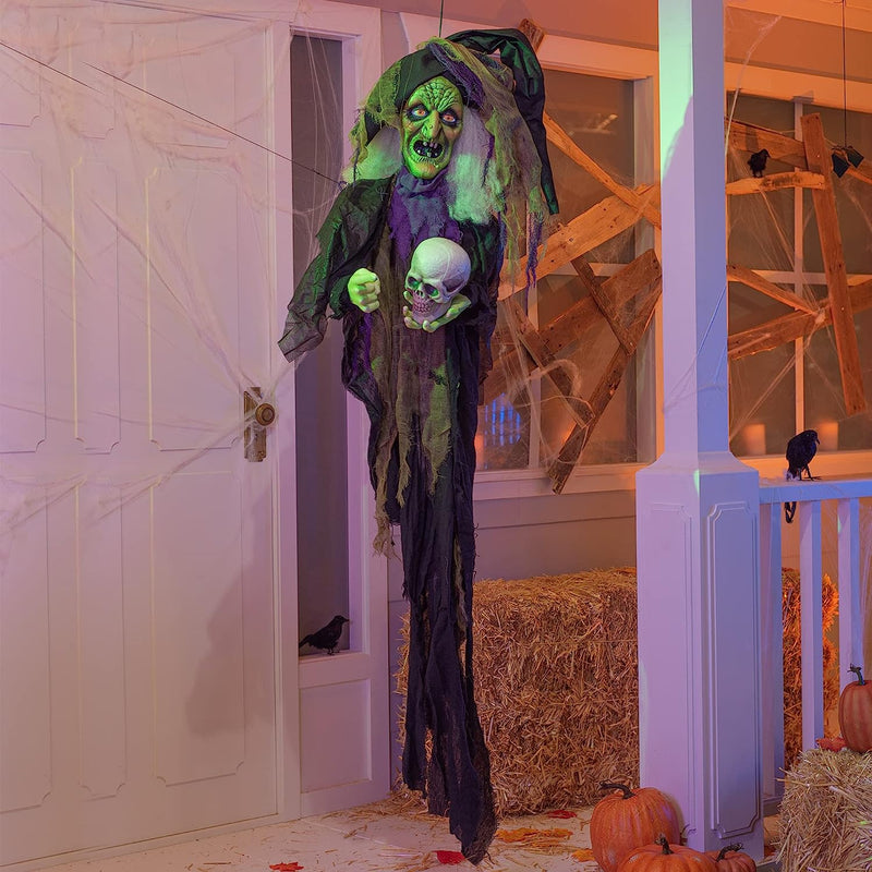 85'' Halloween Hanging Animated Witch Decoration Holding a Skull-JOYIN