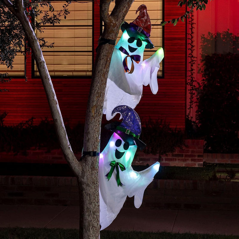 33in  Light-Up Ghost Tree Wrapper with Witch Hat, 2 Pack