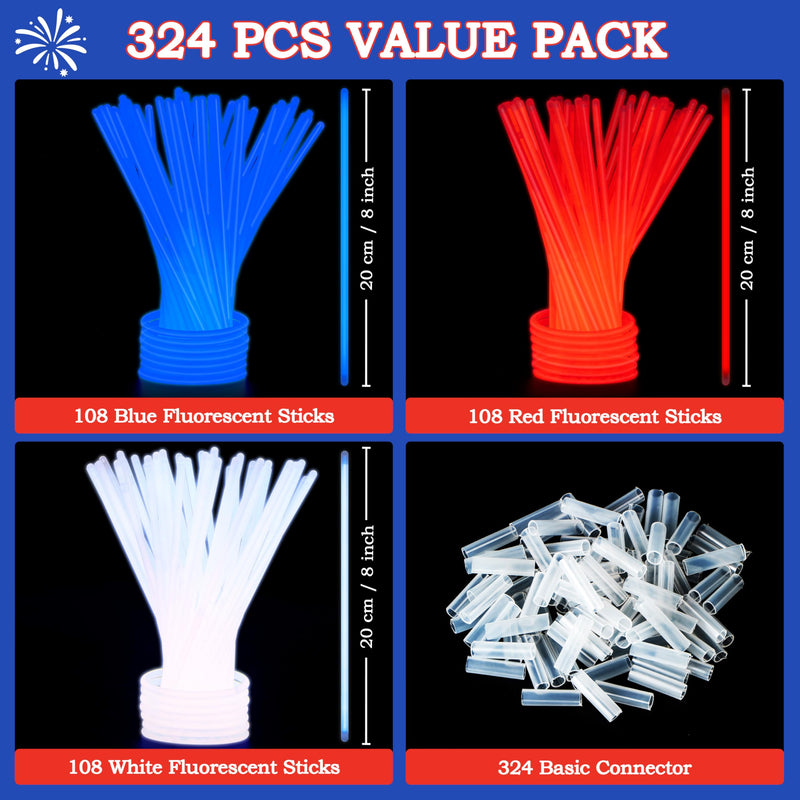 JOYIN 324 Pcs 4th of July Glow Sticks with Connectors, 8" Red White Blue Glow in the Dark Bracelets Necklaces for Kids Adults, Patriotic Light Up Toys for Independence Day Party Favor Accessory Supply
