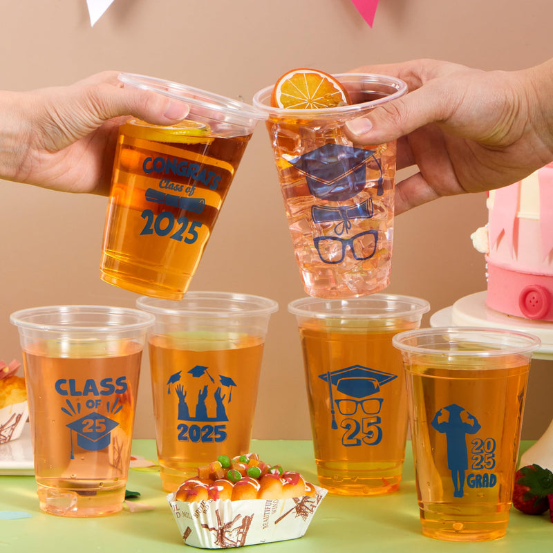 JOYIN 48 Pcs Blue Graduation Cups Party decorations, 16 Oz Disposable Plastic Cups Class of 2025 with 24 Fun Designs, Grad Decor Party Supplies for College & High School Celebrations