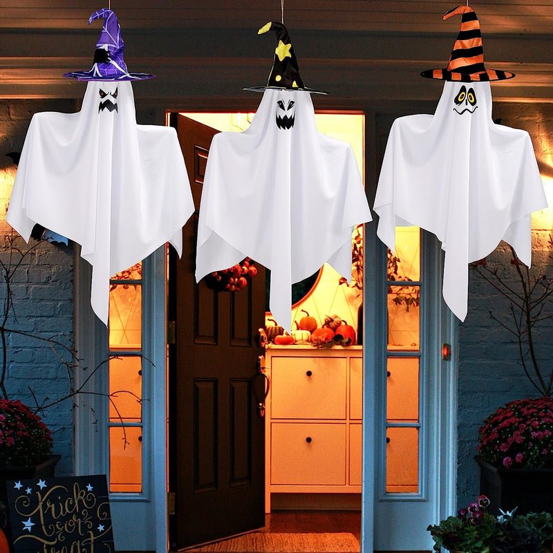 27.5in Hanging Ghost with Witch Hat and Color Face, 3 Pack