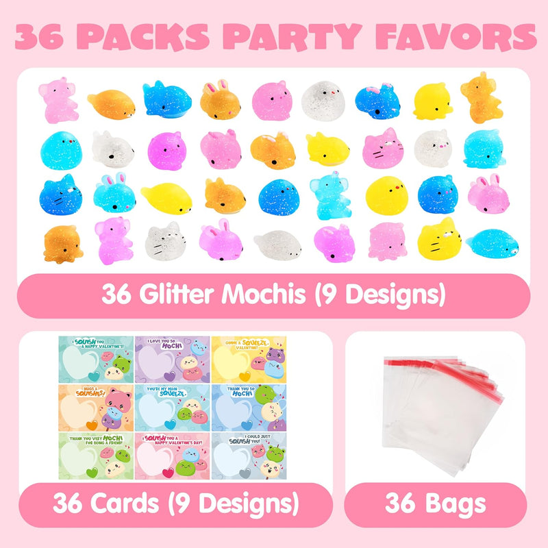 36 Packs Glitter Mochi Toys with Glitter Valentine’s Day Gift Cards