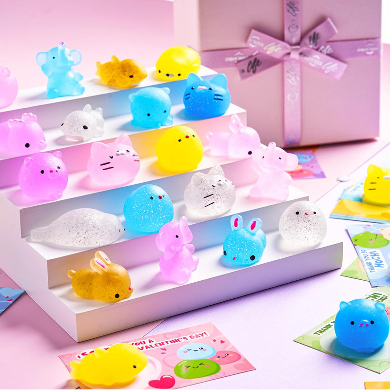 36 Packs Glitter Mochi Toys with Glitter Valentine’s Day Gift Cards