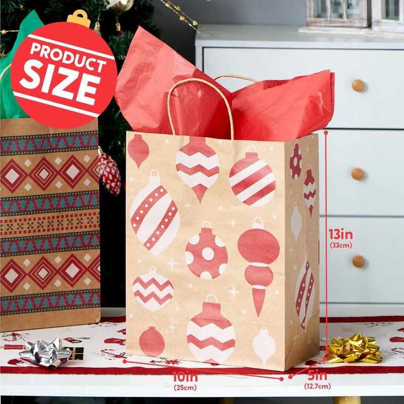 24 PCS Christmas Kraft Gift Bags Xmas Holiday Paper Goody Wrap Shopping Bags with Handles for Holiday Presents