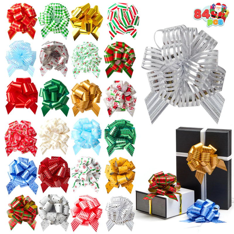 84Pcs Christmas Pull Bows with Ribbon 5in Wide for Gift Wrapping & Gift Tags