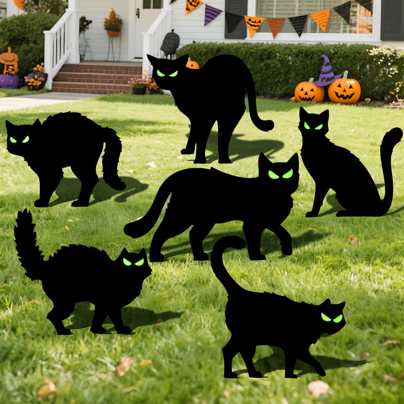 6 Pcs Halloween Black Cat Yard Signs with Glow in Dark Eyes