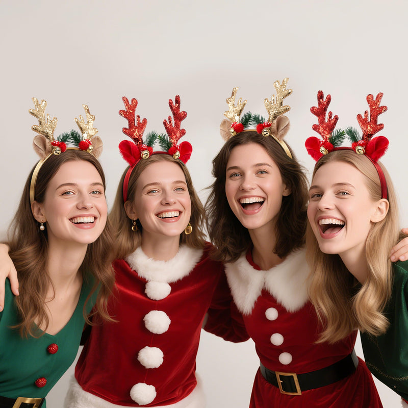 2 Pcs Golden & Red Reindeer Headbands with Glitters