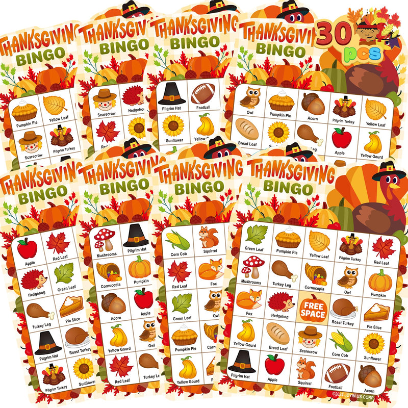 30 PCS Thanksgiving Bingo Game Cards for Kids Family Activities