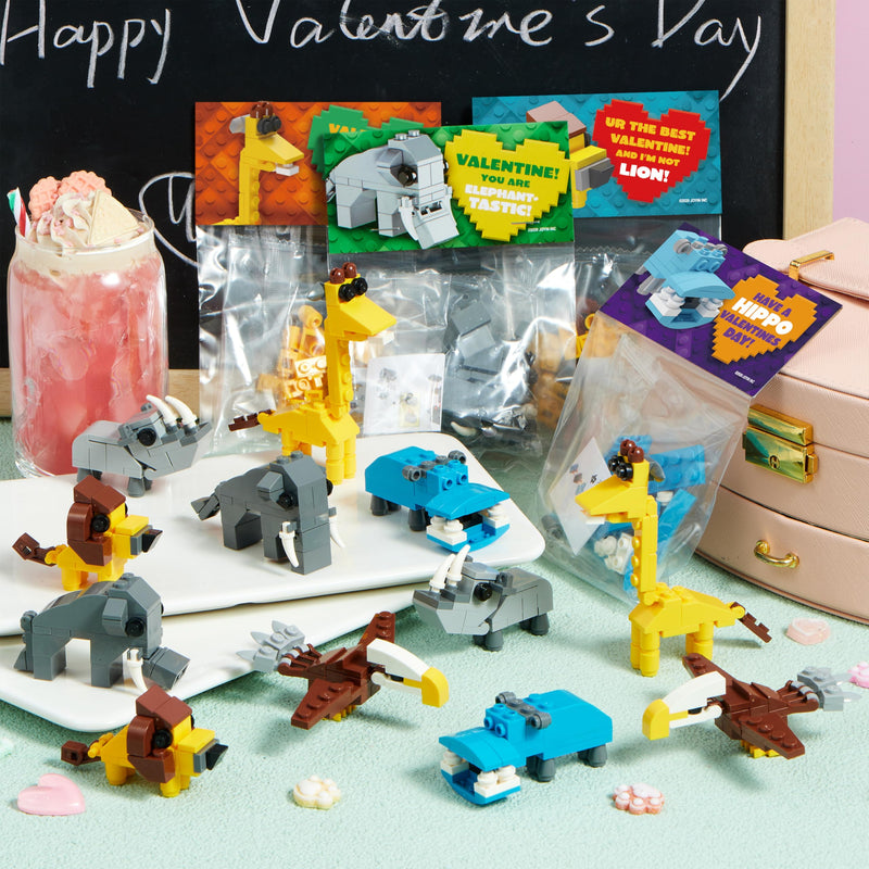 24 Packs Valentines Day Cards with Safari Animal Building Blocks for Gifts Party Favor