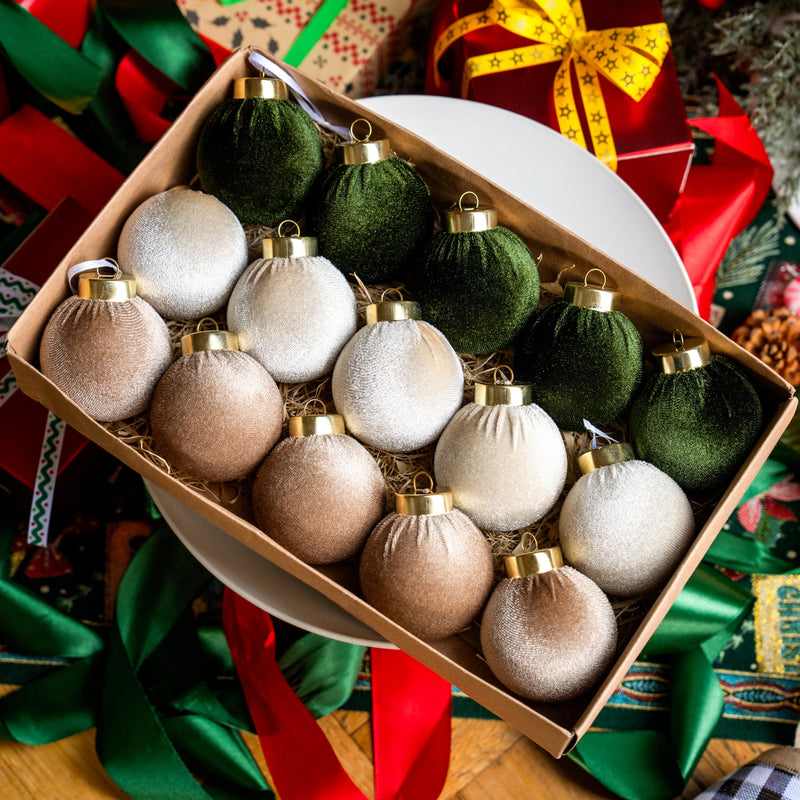 15 Pcs Christmas Velvet Ball Ornaments Set, 2.36'' Green Brown Neutral