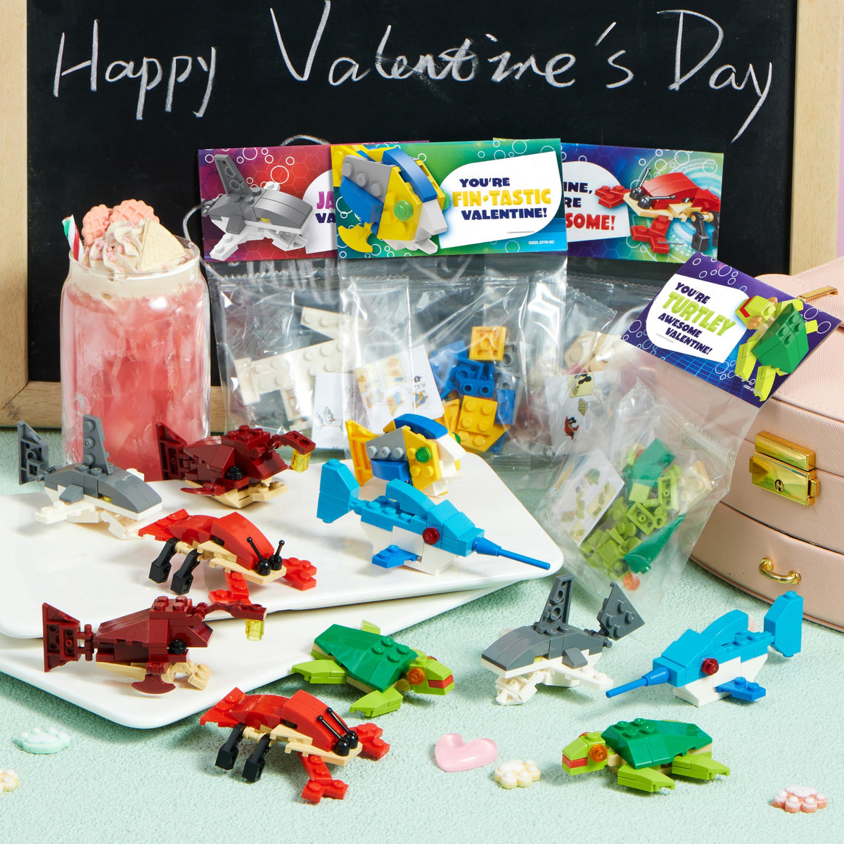 24 Packs Valentines Day Cards with Sea Animal Building Blocks for
