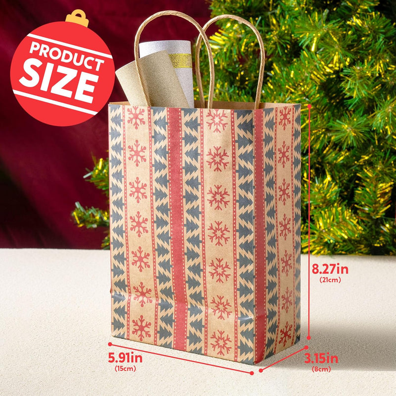 24 PCS Christmas Kraft Gift Bags Xmas Paper Goody Wrap Bags with Durable Handles and Non-Breaking Bottoms for Holidays