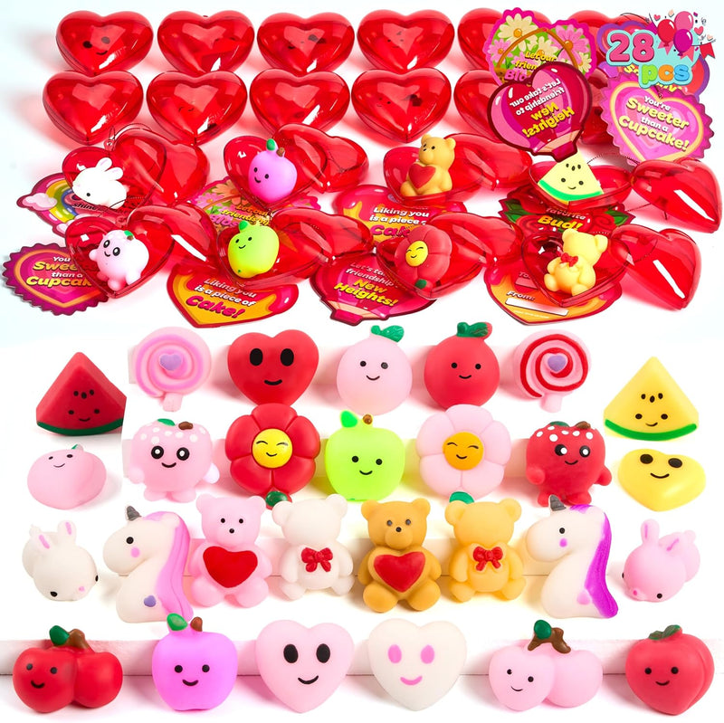 JOYIN 28 Packs Valentine’s Day Heart Gift Cards with Mochi Squishy Toys and Heart Shells