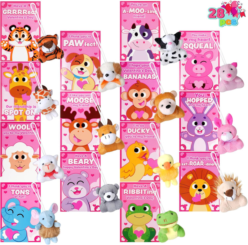 JOYIN 28 Pack Valentines Day Gift Cards with Mini Plush Animals Toys