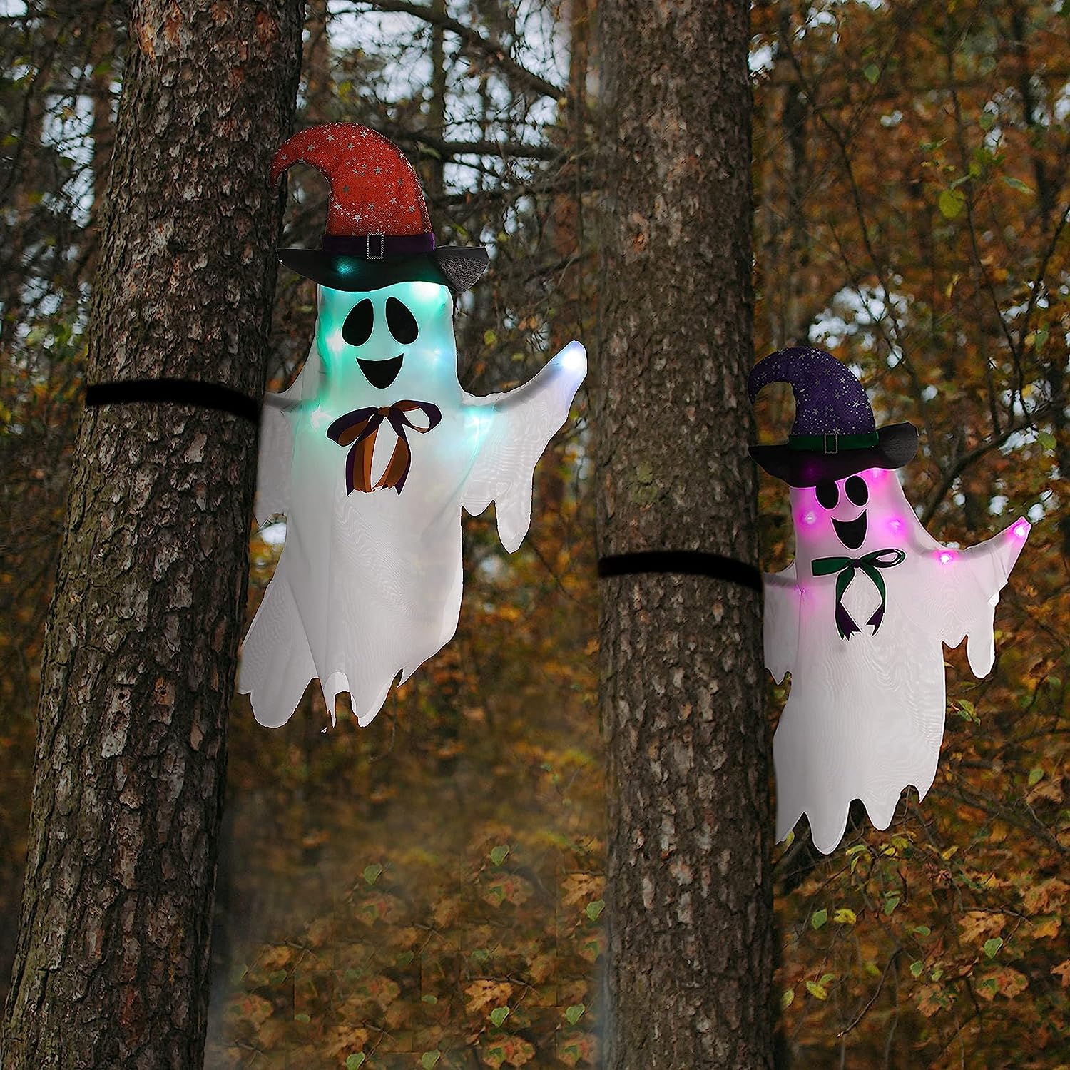 JOYIN | 33'' Light-Up Ghost Tree Wrapper with Witch Hat, 2 Pack