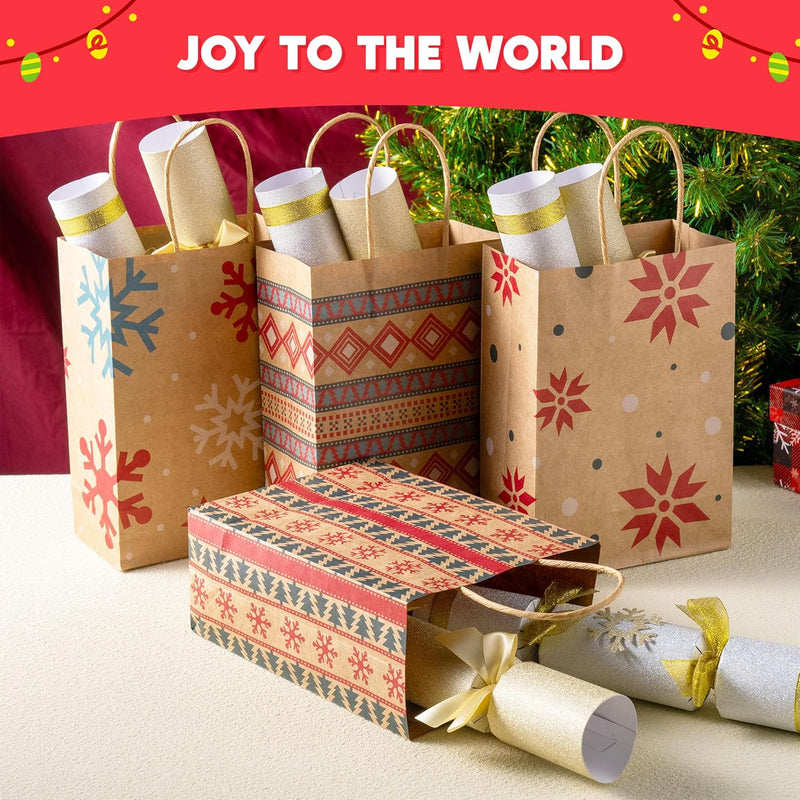 24 PCS Christmas Kraft Gift Bags Xmas Paper Goody Wrap Bags with Durable Handles and Non-Breaking Bottoms for Holidays