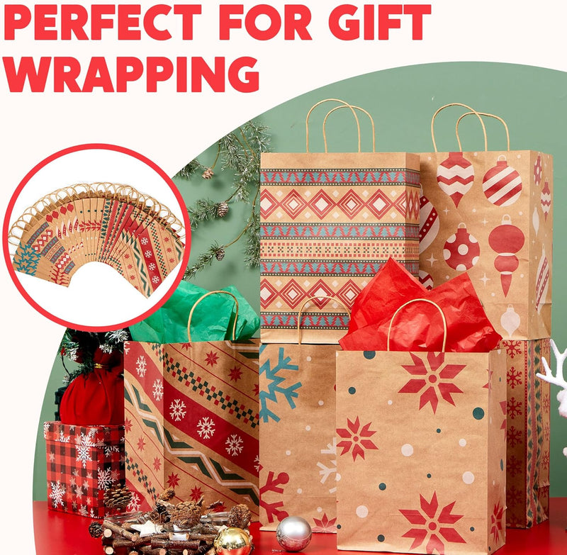 24 PCS Christmas Kraft Gift Bags Xmas Holiday Paper Goody Wrap Shopping Bags with Handles for Holiday Presents