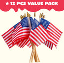 12 Pcs American Flags with Handheld Wooden Sticks, 10"
