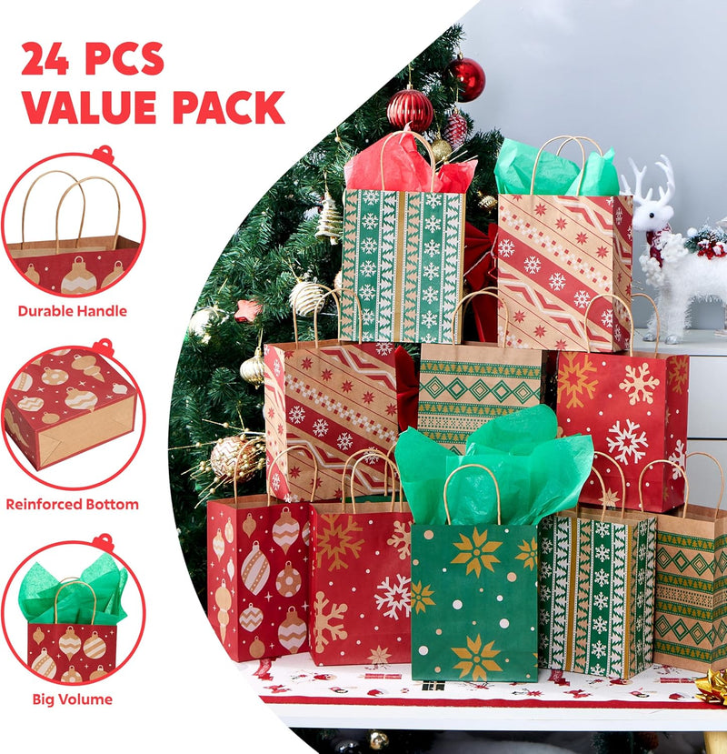 24 PCS Christmas Kraft Bags Holiday Paper Goody Gift Bags with Handles for Xmas Gifts Wrapping Party