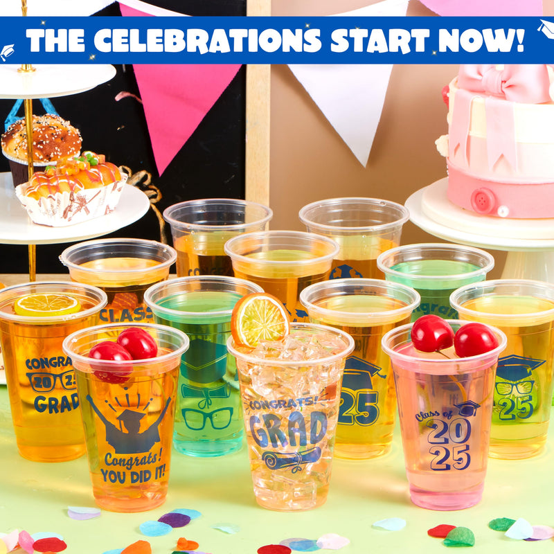 JOYIN 48 Pcs Blue Graduation Cups Party decorations, 16 Oz Disposable Plastic Cups Class of 2025 with 24 Fun Designs, Grad Decor Party Supplies for College & High School Celebrations