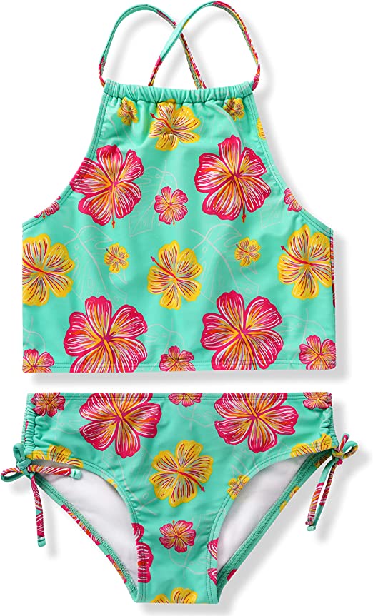 SLOOSH - Girl's Tankini, 2-Piece Swimsuit (Aqua Flower)