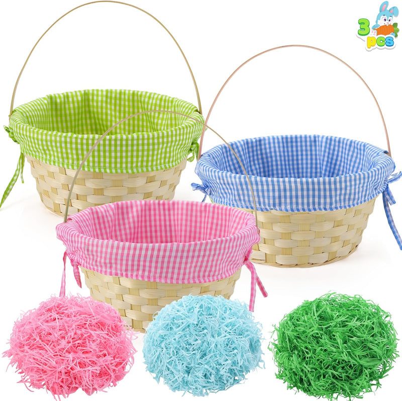 3 PCS Easter Baskets with Plaid Lining and Handle and 3 Colors Grass Paper Shreds for Easter Egg Hunt