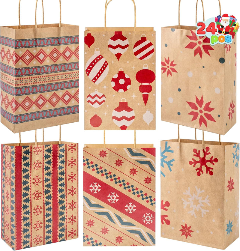 24 PCS Christmas Kraft Gift Bags Xmas Paper Goody Wrap Bags with Durable Handles and Non-Breaking Bottoms for Holidays