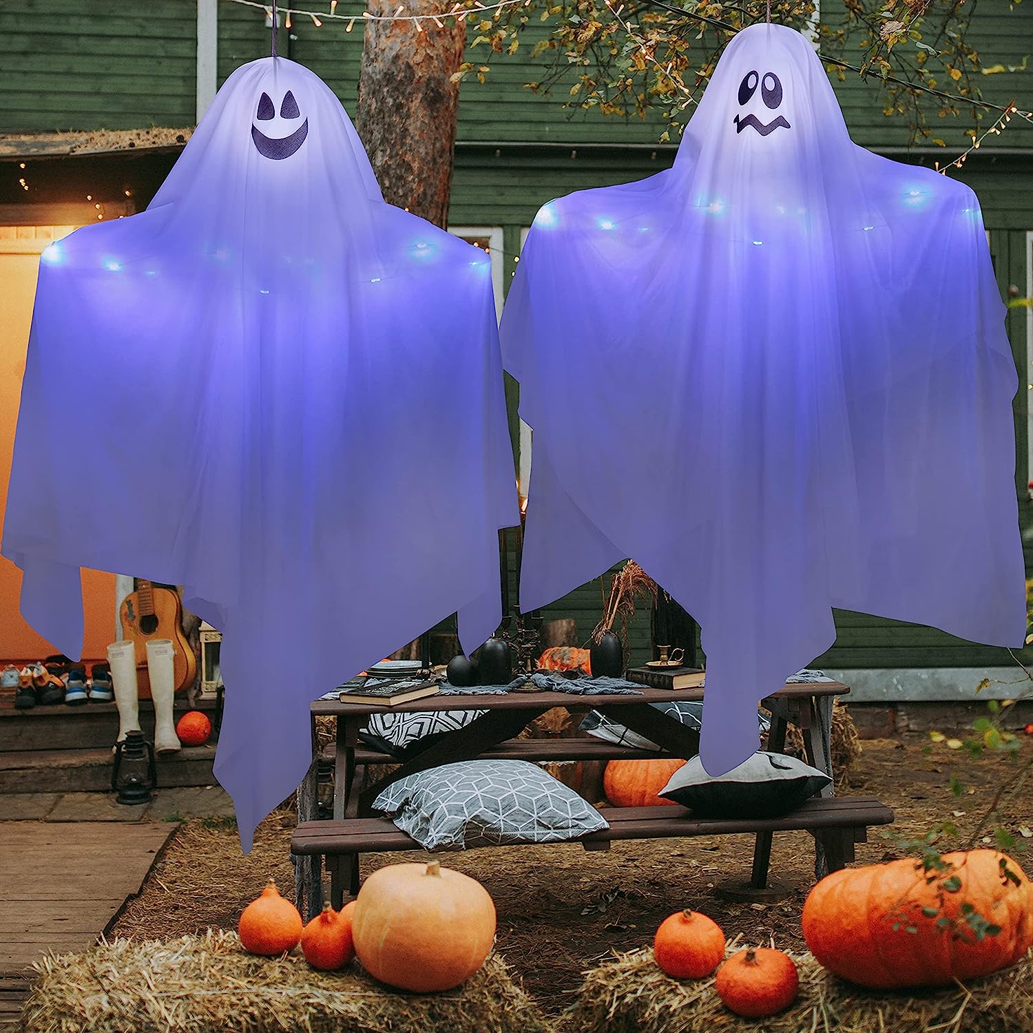 27.5” Light-up Hanging Ghost, Blue Lights 2 Pack - JOYIN