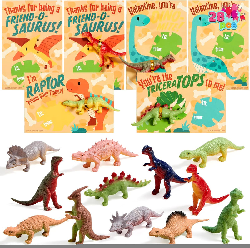 28 Pack Valentines Day Pullable Dinosaur Toys with Greeting Cards