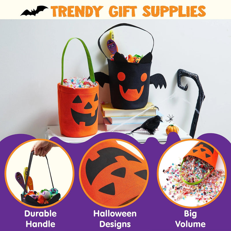 Halloween Bat and Pumpkin Candy Tote Bucket Set Reusable Felt Trick or Treat Goody Bags