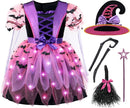 JOYIN Girls Light Up Witch Costume - Kids Halloween Set with Hat & Broom